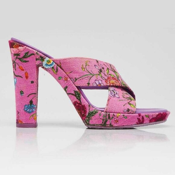 Gucci Purple Floral Canvas Open Toe Slide Heeled Sandals Size 3.5/34 - Picture 3 of 5